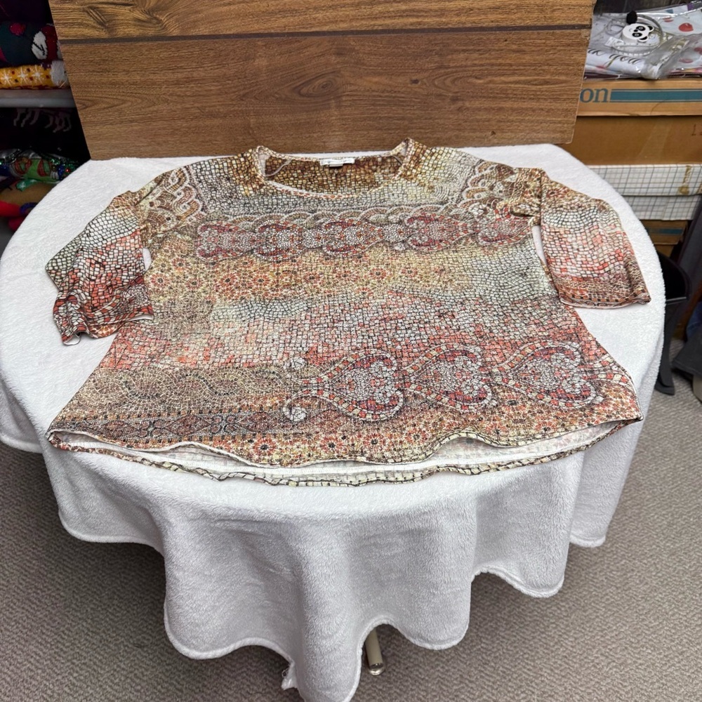 Christopher & Banks XL mosaic Multicolor Patterned Top sequins 3/4 sleeve - Picture 4 of 8